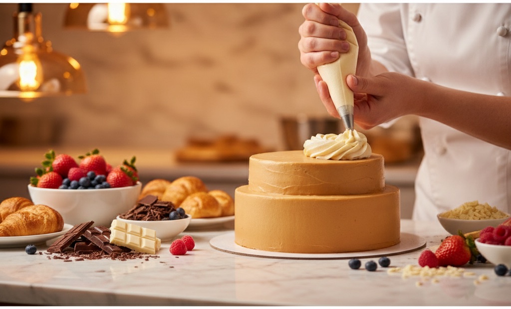 Pastry chef decorating a custom cake